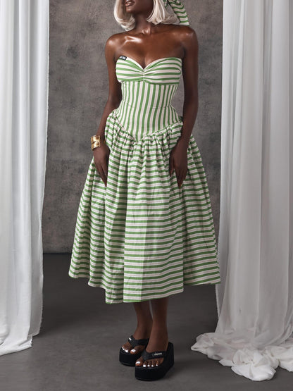 Green & White Striped Strapless Midi Dress