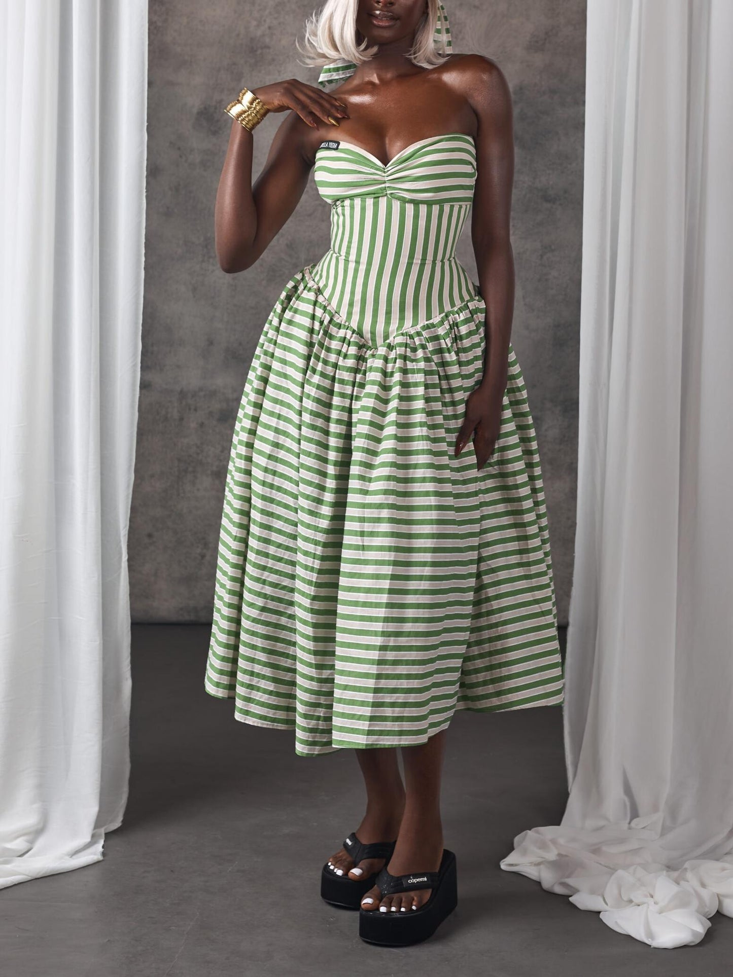 Green & White Striped Strapless Midi Dress