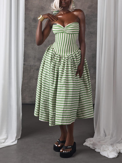 Green & White Striped Strapless Midi Dress