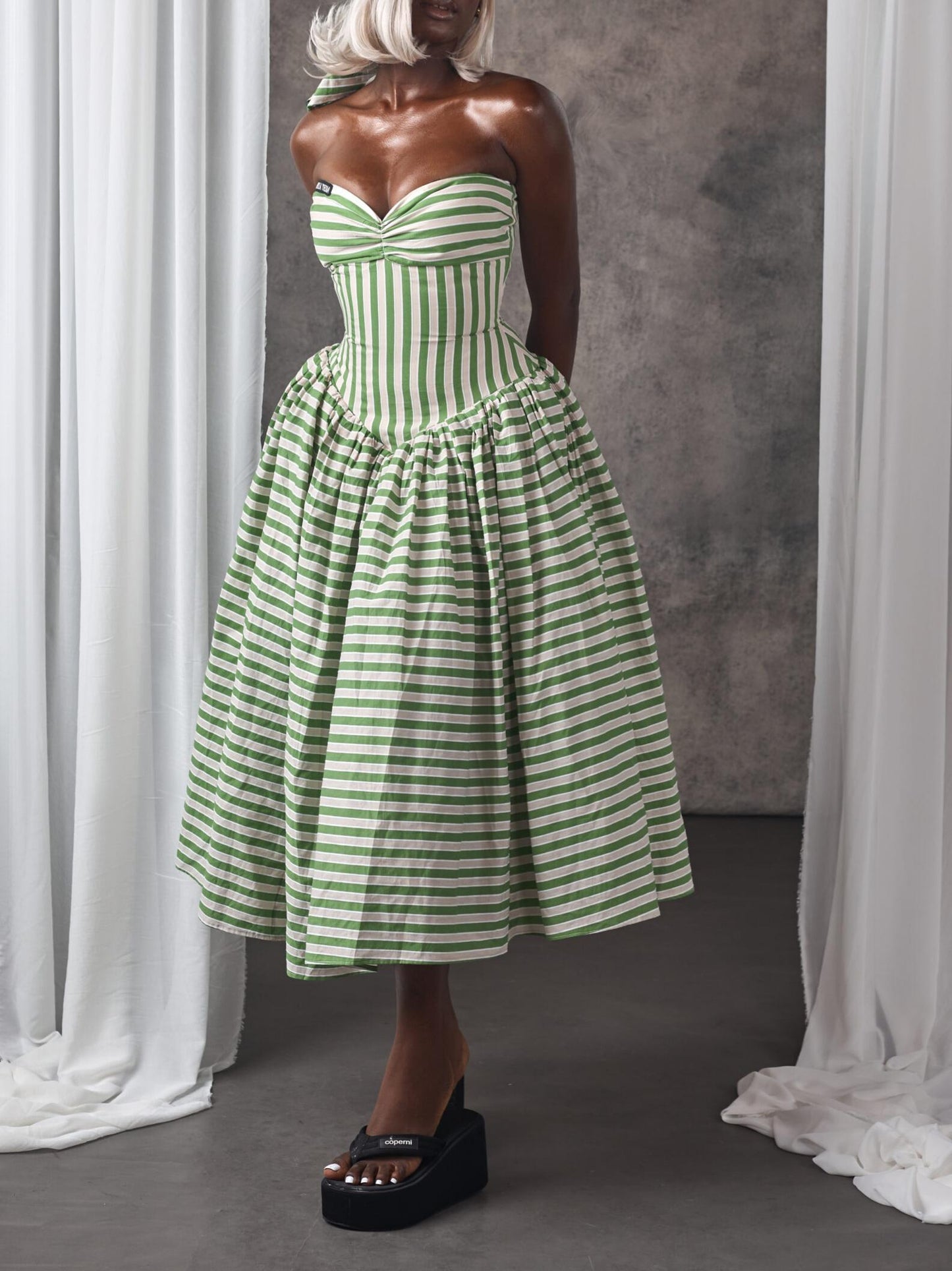 Green & White Striped Strapless Midi Dress