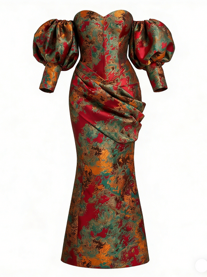 Glamorous Floral Brocade Off-Shoulder Flower-bud Sleeve Maxi Dress