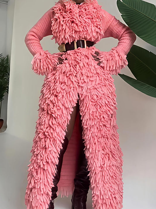 Hot Pink Flamenco Style Fuzzy Fringe Knit Coat