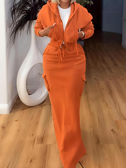 Burnt Orange Cropped Zip-Up Hoodie & Maxi Skirt/Pants Two-Piece Set