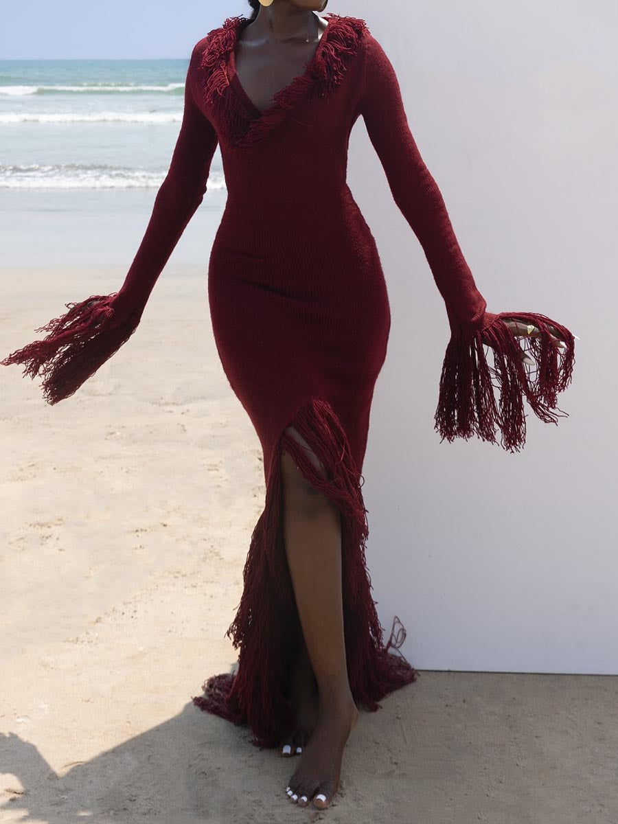 Burgundy Knit Deep V Neck Fringed Slit Hem Maxi Dress