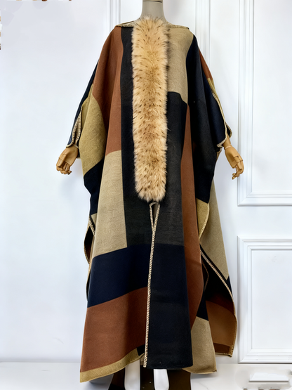 Removable Faux Fur Color Block Poncho