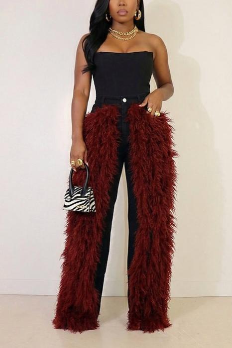 Party-Ready Feather Trim Wide Leg Jeans