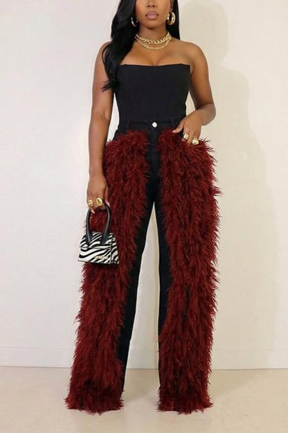 Party-Ready Feather Trim Wide Leg Jeans
