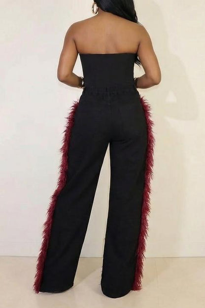 Party-Ready Feather Trim Wide Leg Jeans