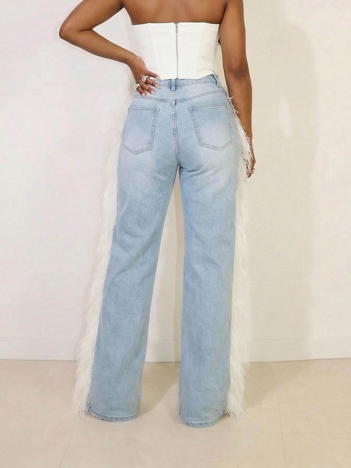 Party-Ready Feather Trim Wide Leg Jeans