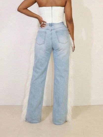 Party-Ready Feather Trim Wide Leg Jeans