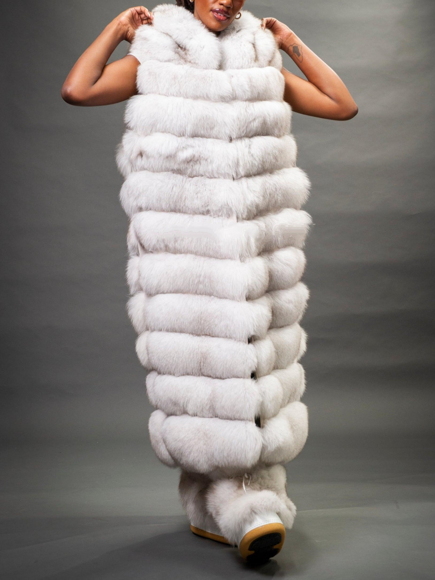 Stylish Long White Fox Fur Vest With Hood
