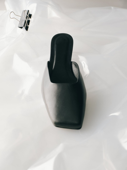 Black Leather Slip - on Heeled Mules