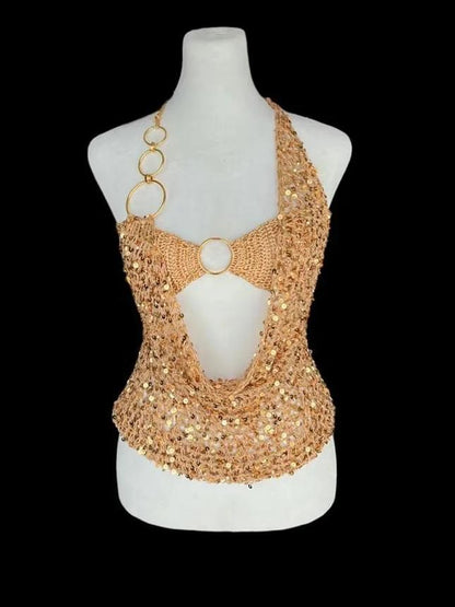 Gilded Sequin Knit 3-Piece Set: Halter Cutout Crop Top + Underbust Bralette + Mini Skirt for Glam Party Events