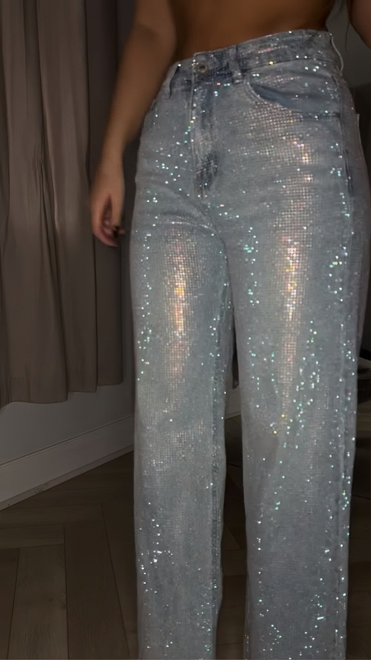 Rainbow Diamanté Blue Wide Leg Sparkle Covered Jeans