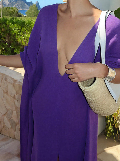 Elegant Purple Deep V - Neck and Side Slit Robe Maxi Dress
