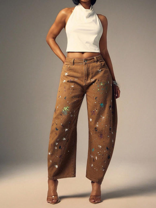 Fashion Ink Jet Print Barrel Leg Jeans