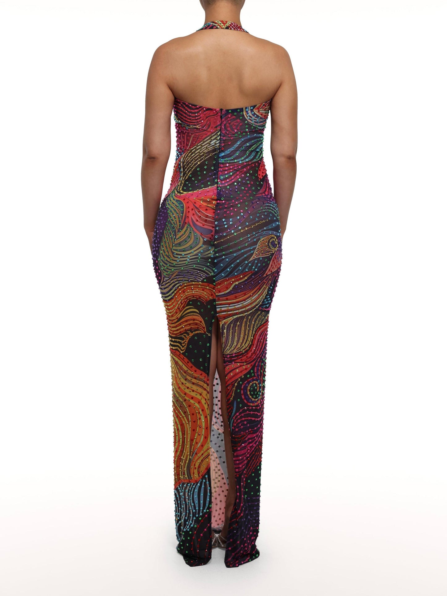 Colorful Rhinestone Halter Deep V Bodycon Maxi Dress