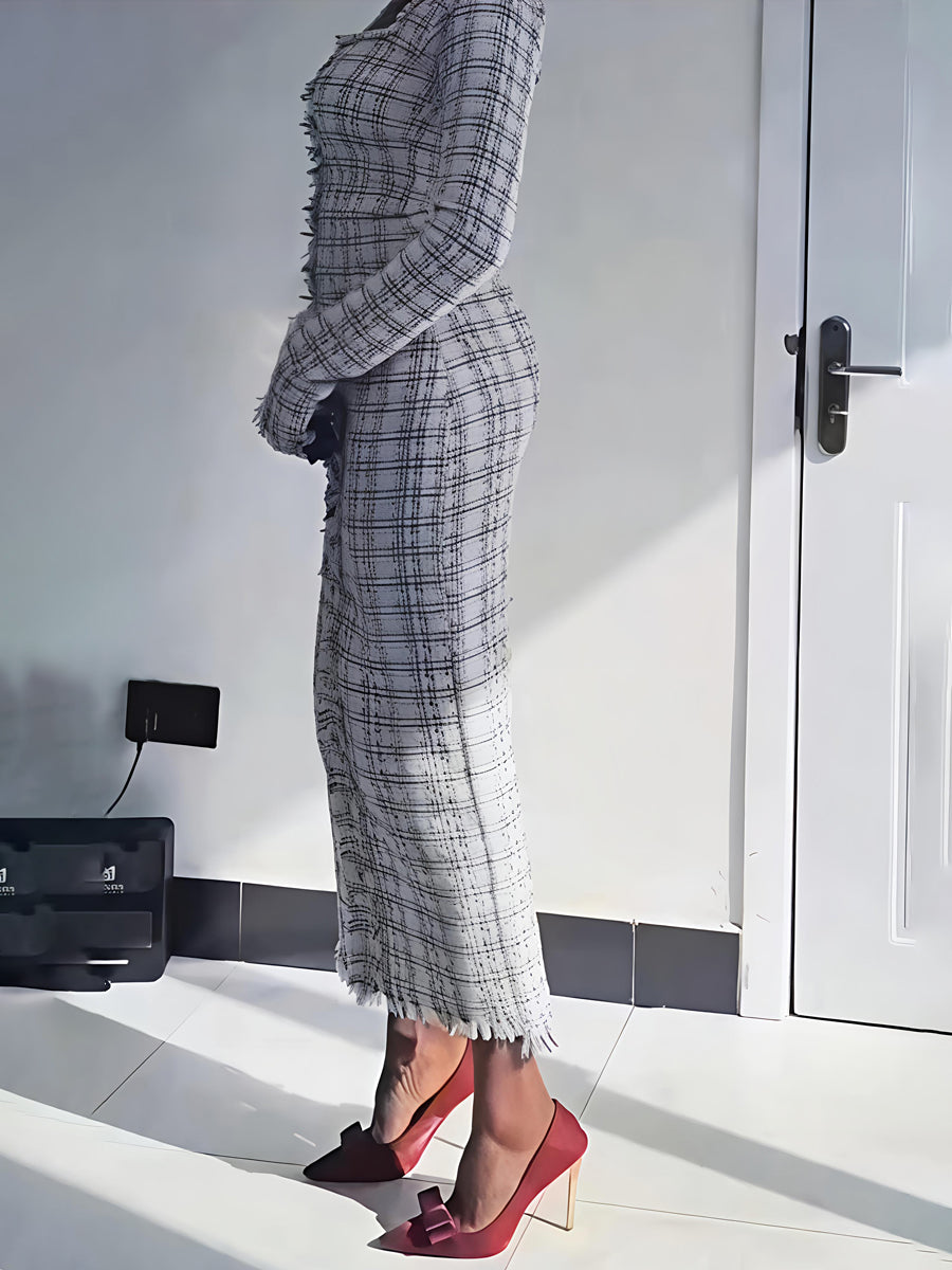 Faux Pearl Square Collar Tweed Dress