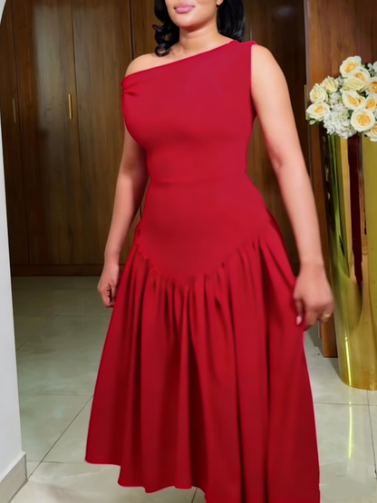 Crimson One-Shoulder Ruffled Midi Dress