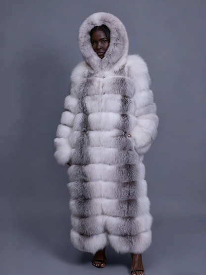 Long Length Fox Fur Trench Coat With Hood