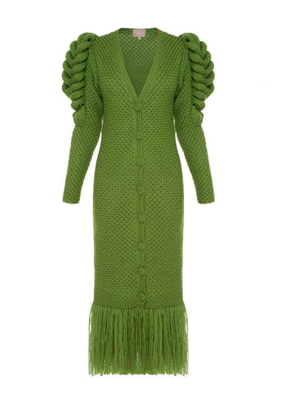 Fringe Hem Deep V Neck Statement Sleeves Dress