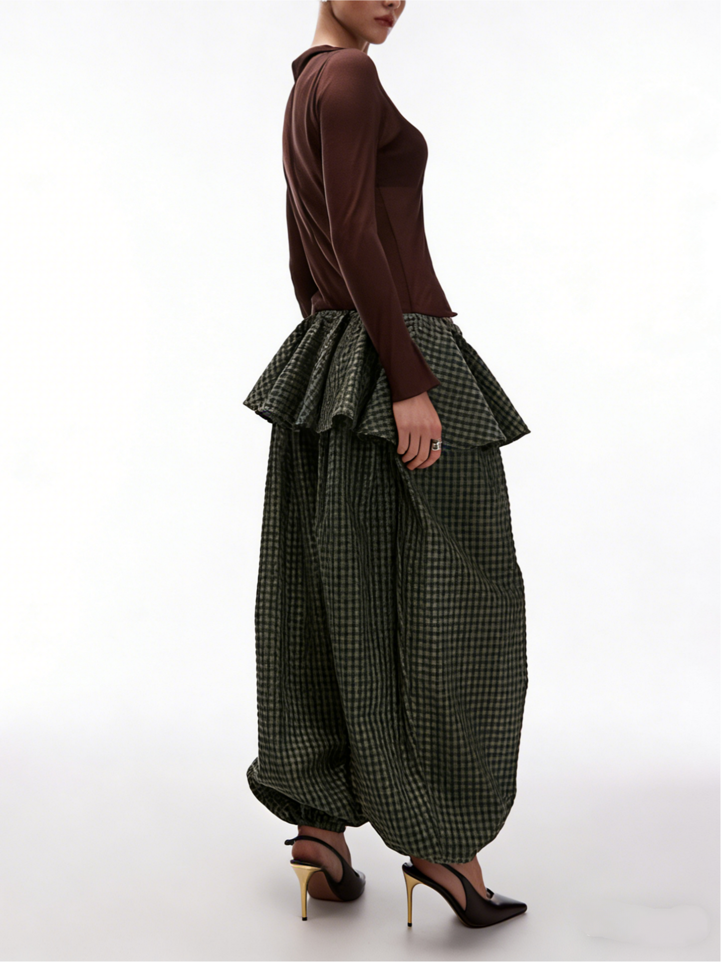 Gingham Print Ruffle Trim Balloon Pant