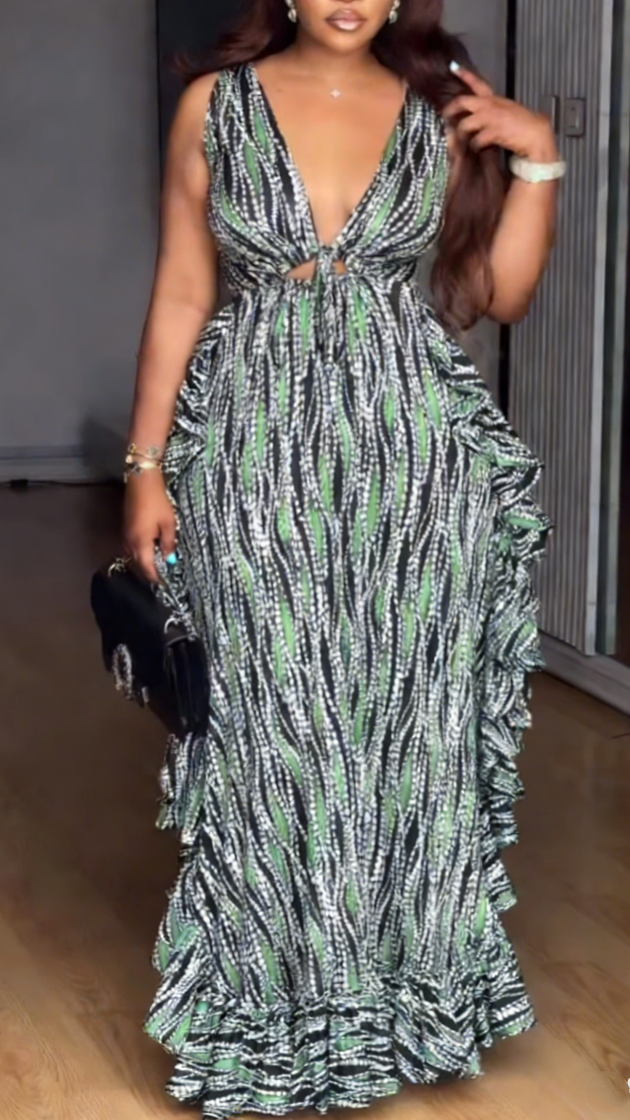 Deep V Neck Cutout Ruffled Boho Party Gown