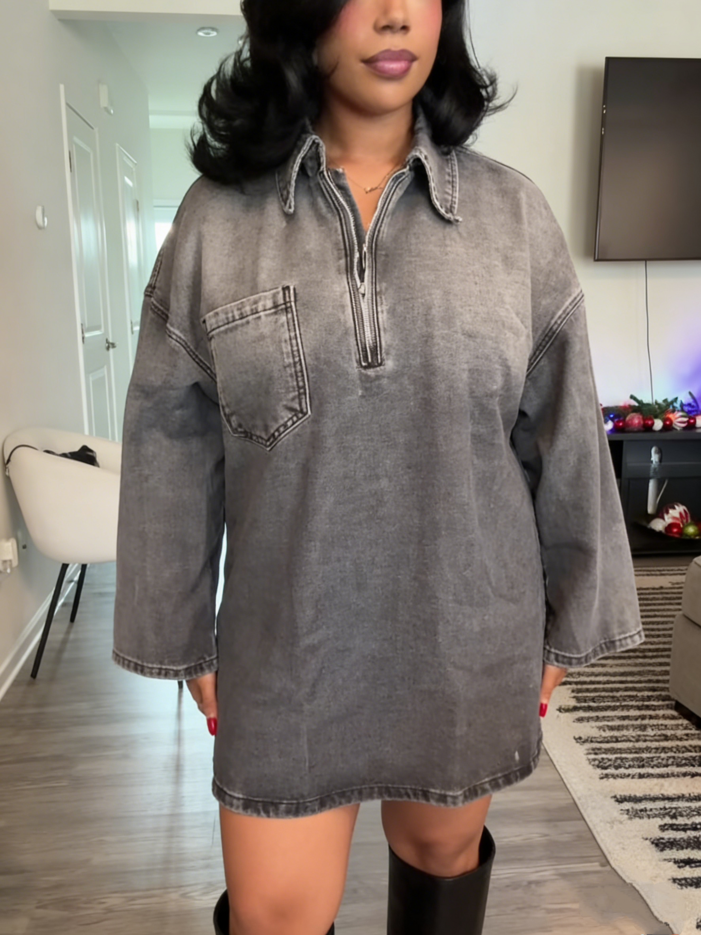Oversized Washed Gray Denim Shirt Dress