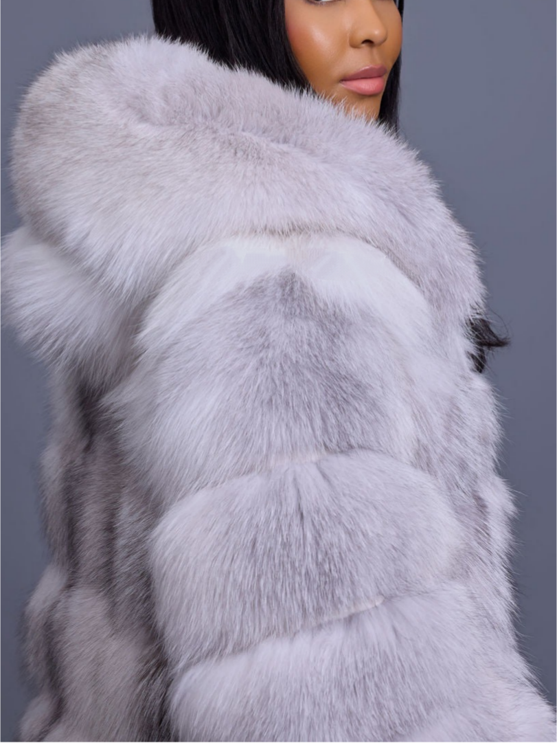 Long Length Fox Fur Trench Coat With Hood