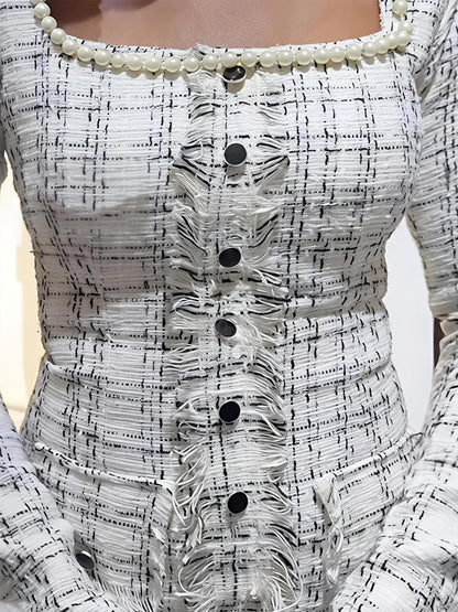 Faux Pearl Square Collar Tweed Dress