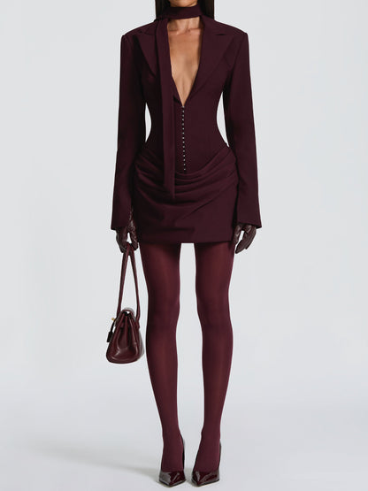 Elegant Peaked Lapel Collar Blazer Mini Dress