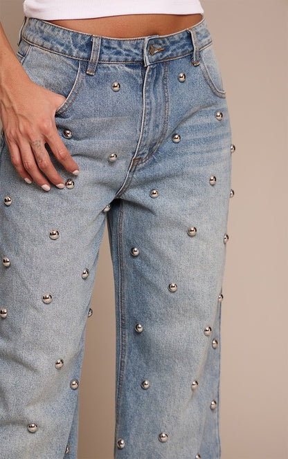 Blue Dome Stud High Waisted Denim Jeans