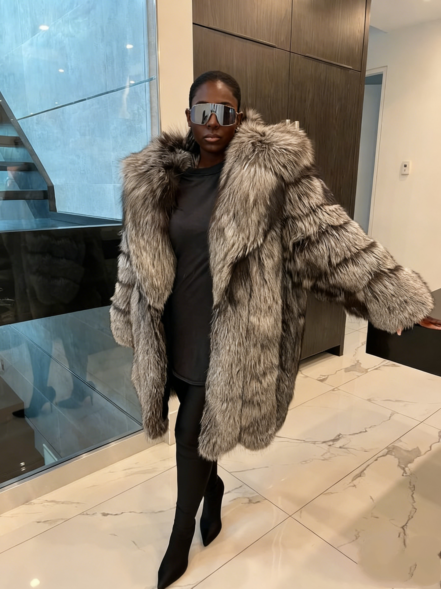 Luxury Silver Fox Fur Mid Coat
