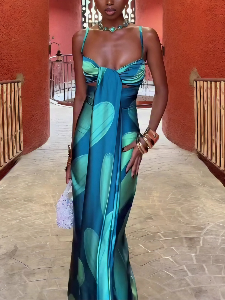 Teal Leaf Print Sleeveless Cutout Maxi Dress