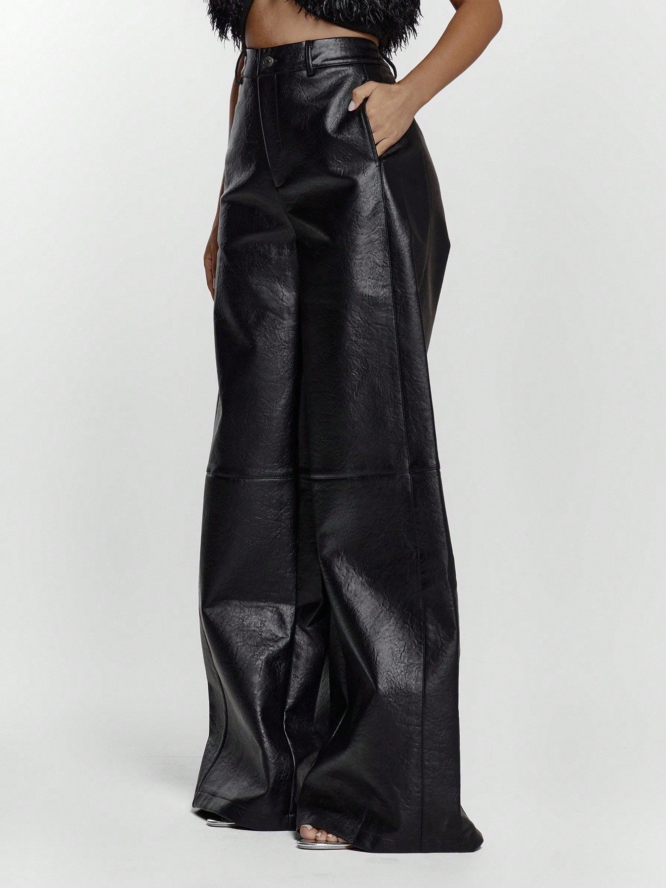 Faux Leather Wide Leg Mid Waist Trouser