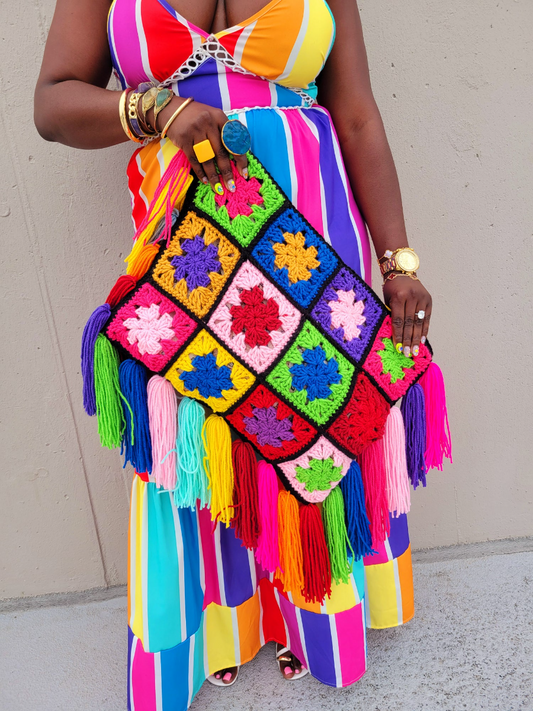 Knitted Flower Tassel Tote