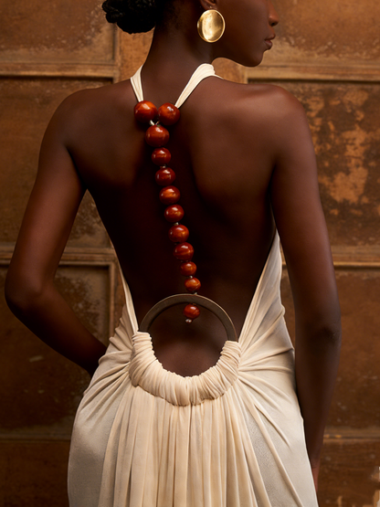 Beaded Backless Cutout & Fringe Hem Satin Bodycon Party Gown