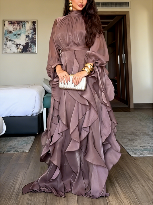 Cascading Ruffle High Neck Tie-Waist Gown