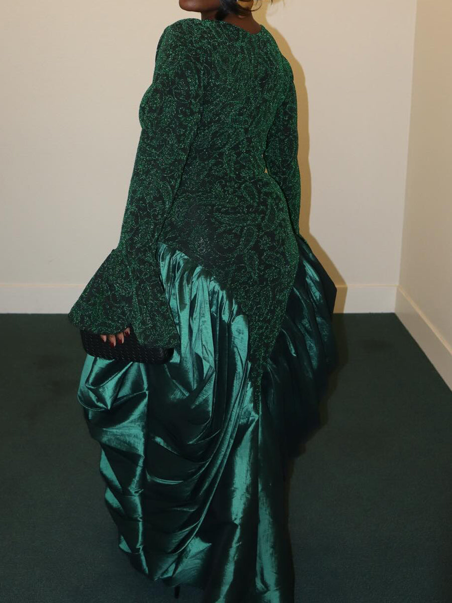 Elegant Printed Flare Sleeve Patchwork Maxi Dress