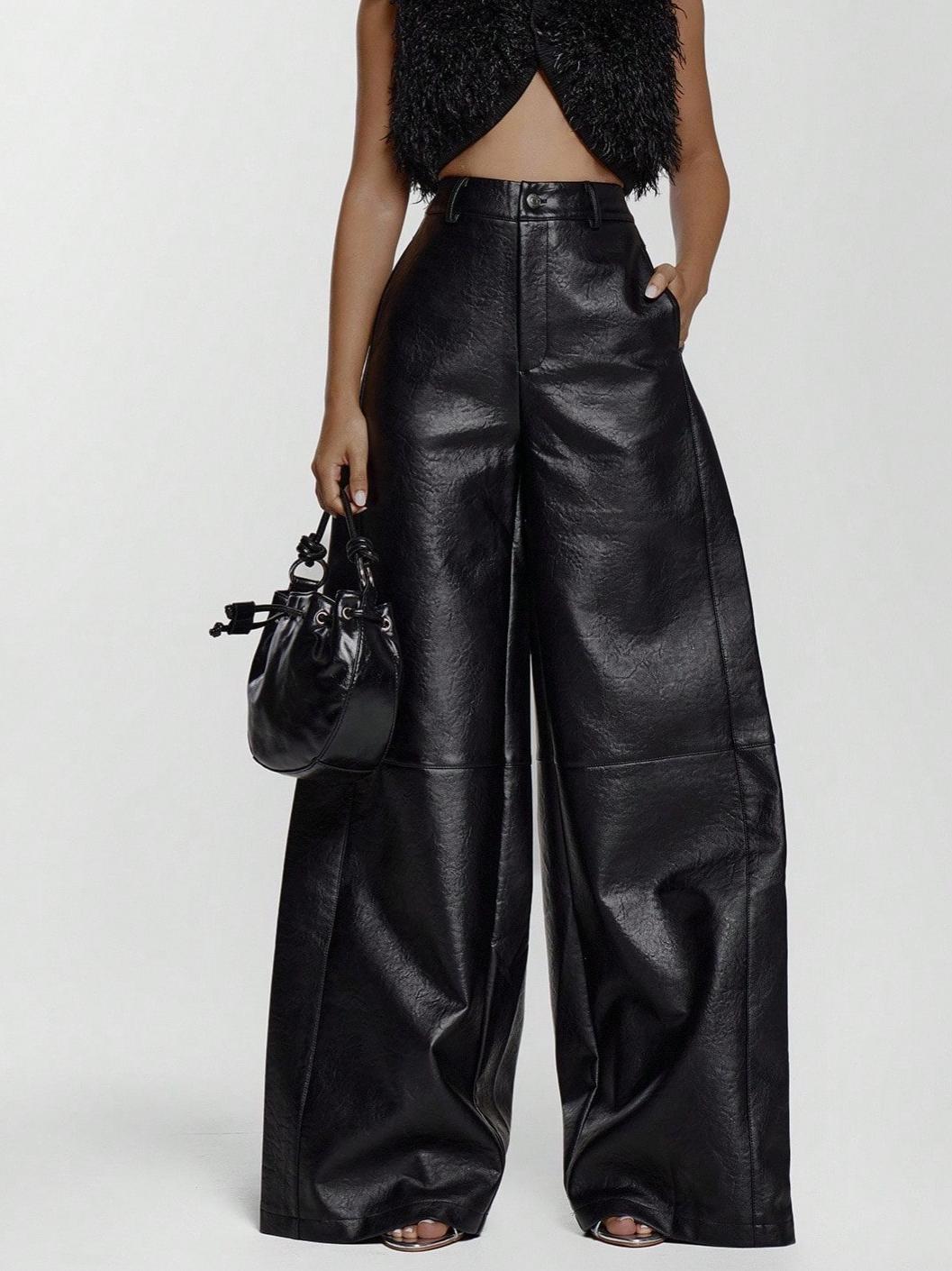 Faux Leather Wide Leg Mid Waist Trouser