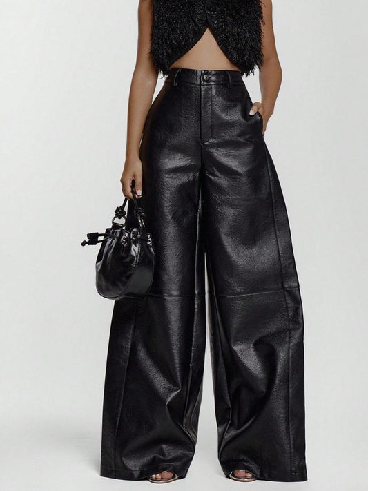 Faux Leather Wide Leg Mid Waist Trouser
