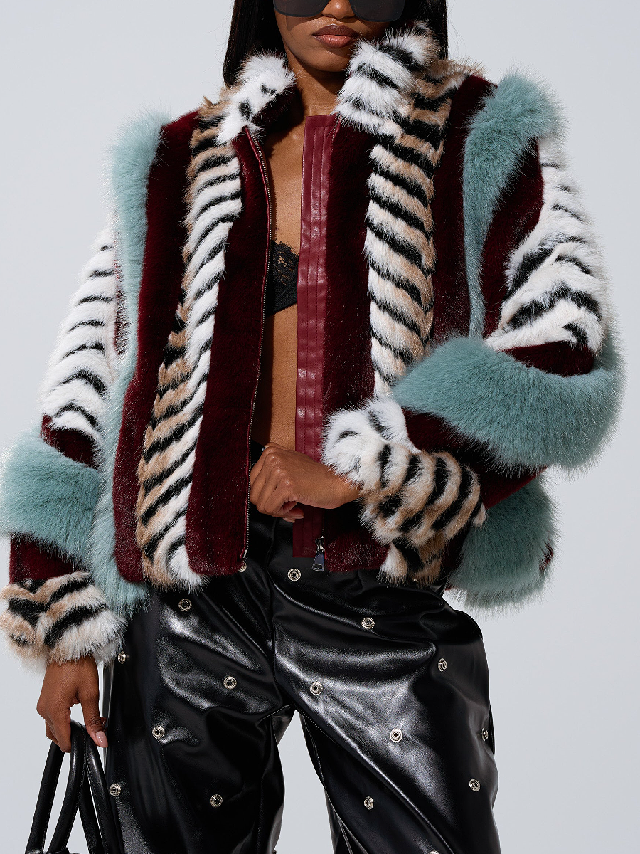 Multicolor Patchwork Cropped Fur Coat