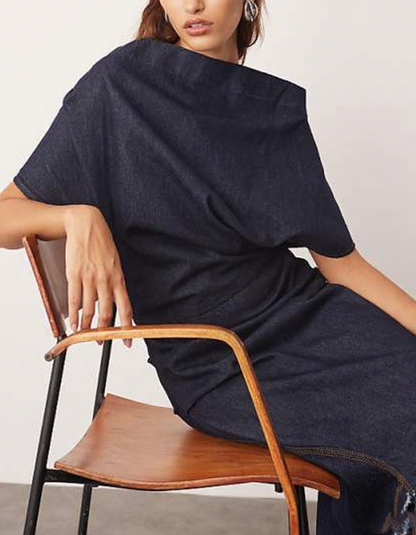 Draped Denim Maxi Dress