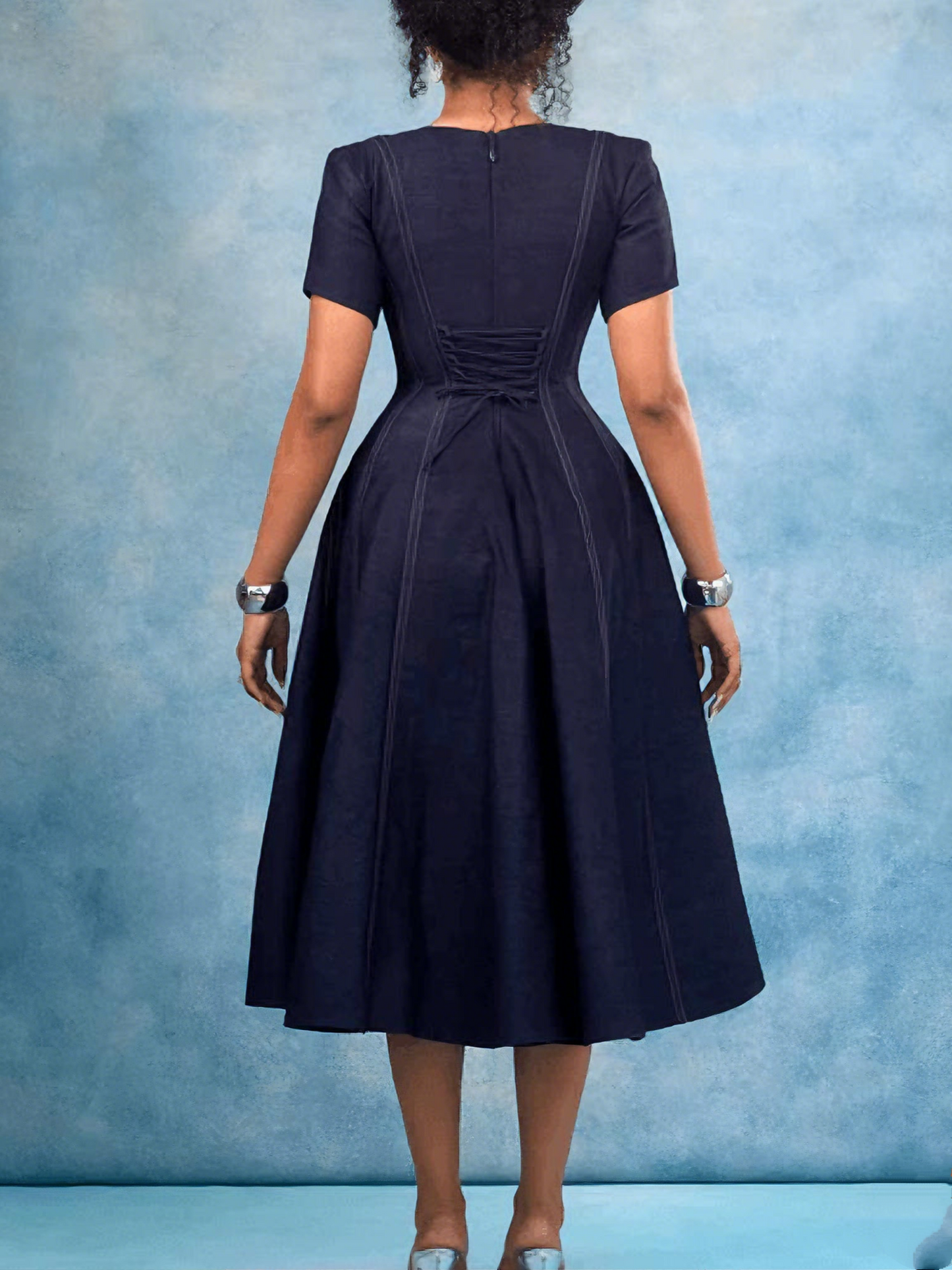 Deep V Neck & Corset Navy Blue Denim Midi Dress