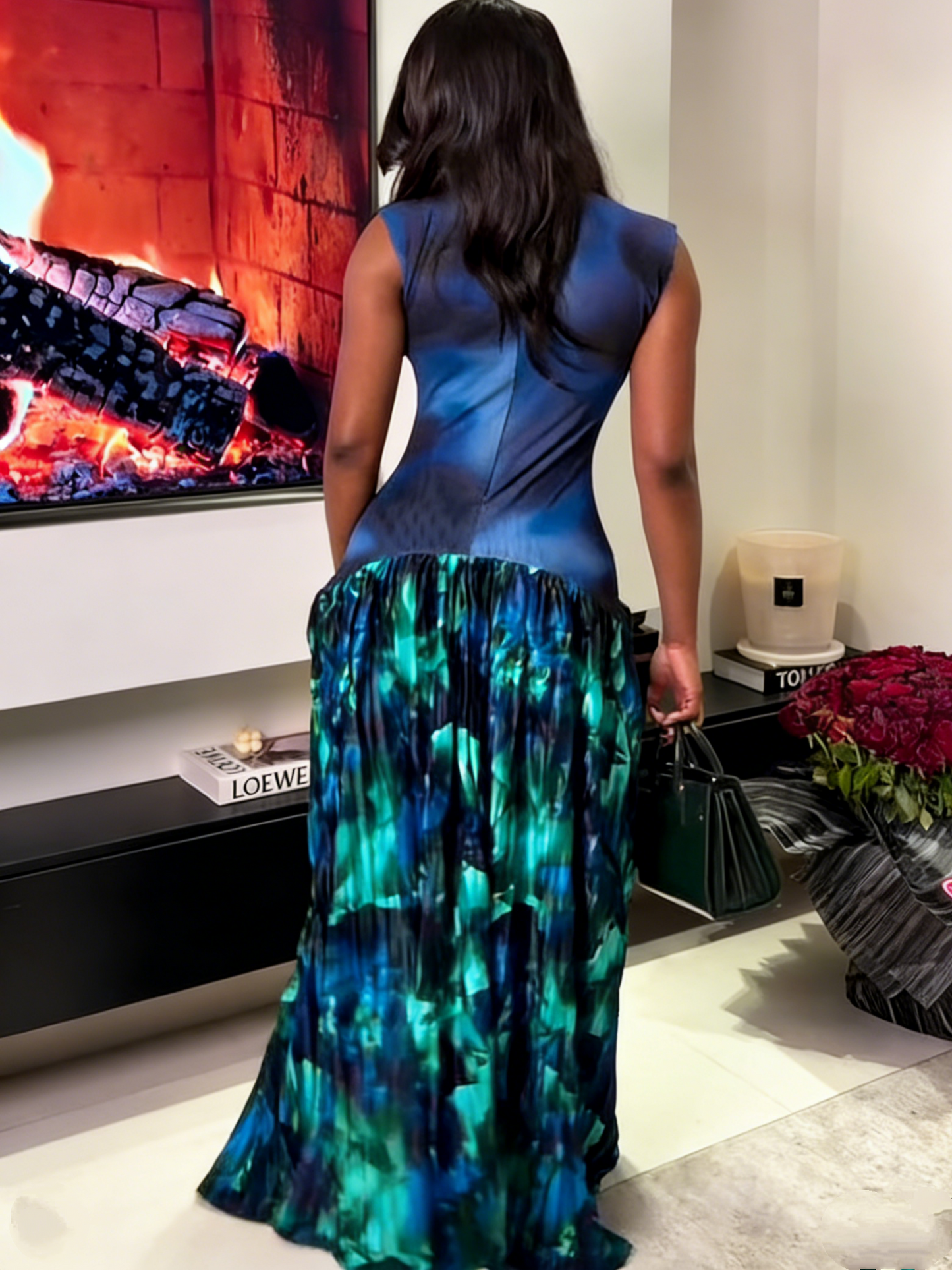 Chic Sleeveless Blue Green Gradient Pleated Formal Dress