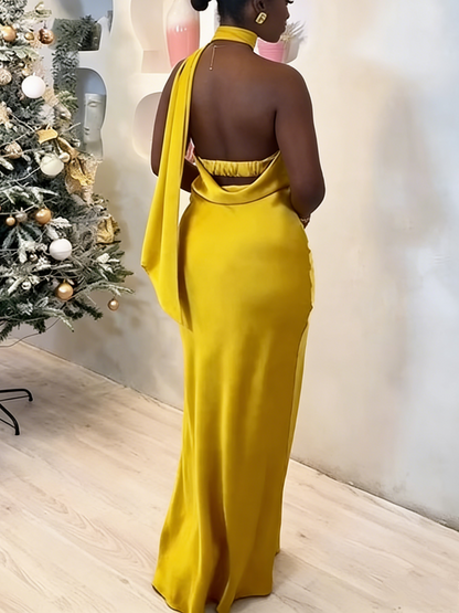 Bright Yellow Halter Neck Satin Maxi Dress