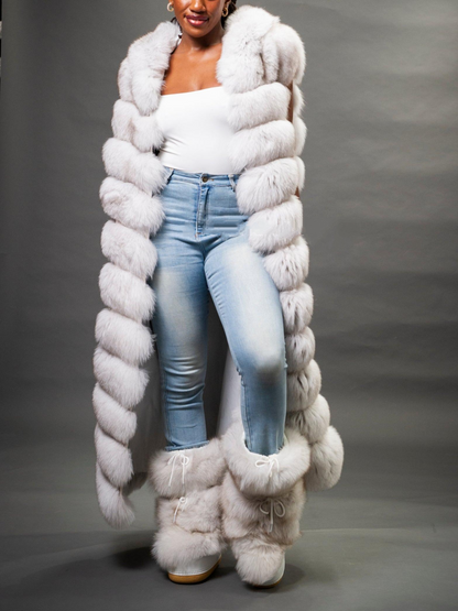 Stylish Long White Fox Fur Vest With Hood