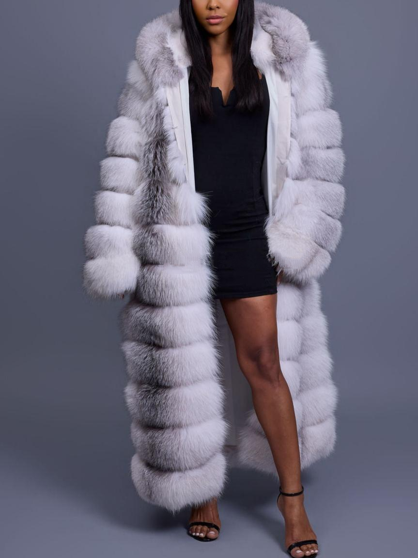 Long Length Fox Fur Trench Coat With Hood