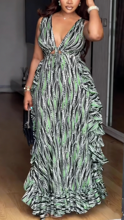 Deep V Neck Cutout Ruffled Boho Party Gown