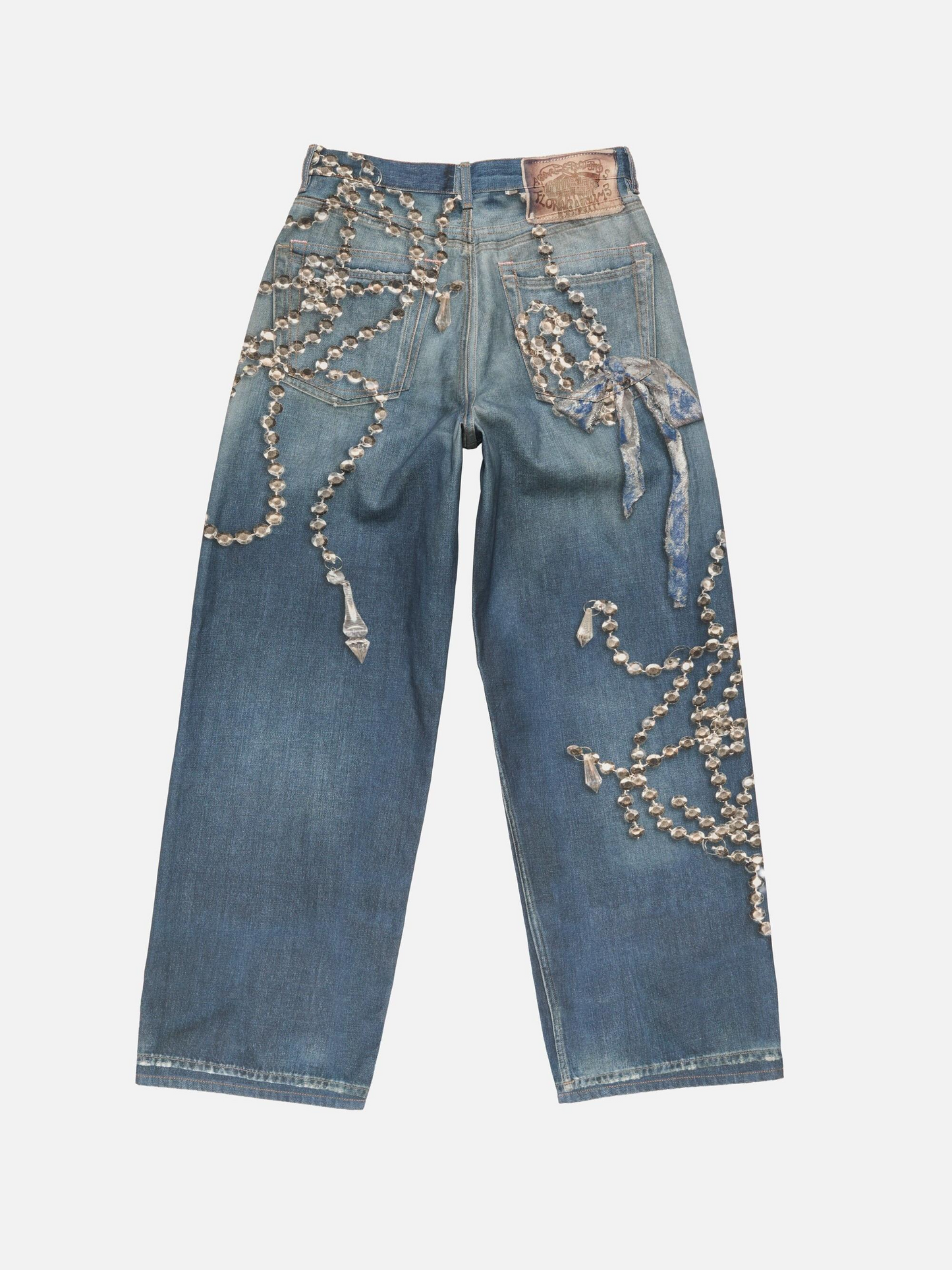 Crystal Chain Embellishments Vintage Wash Wide-Leg Denim Jeans